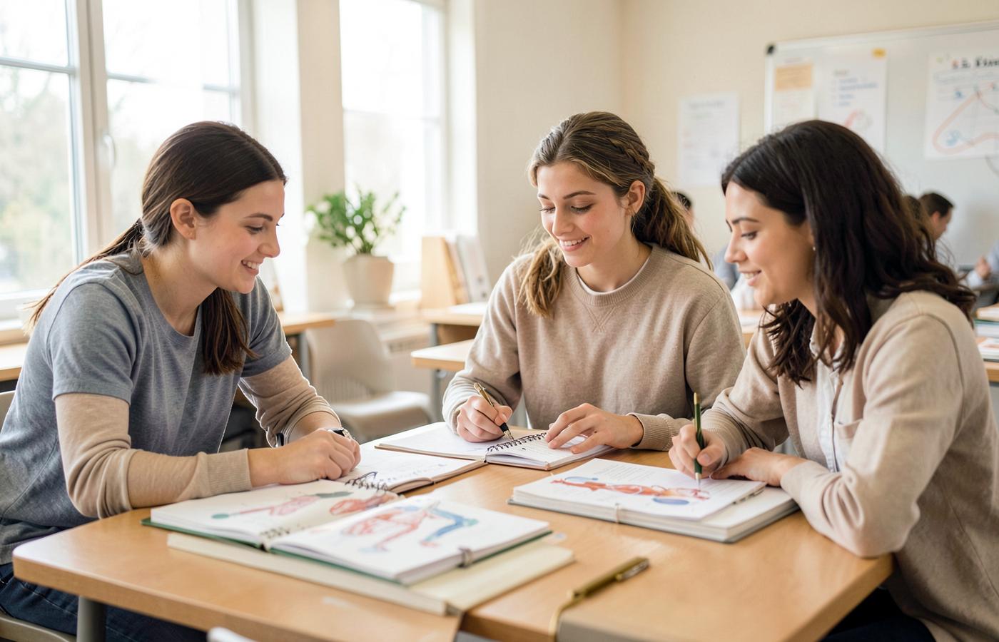 Healthcare and wellness students studying together at a classroom table